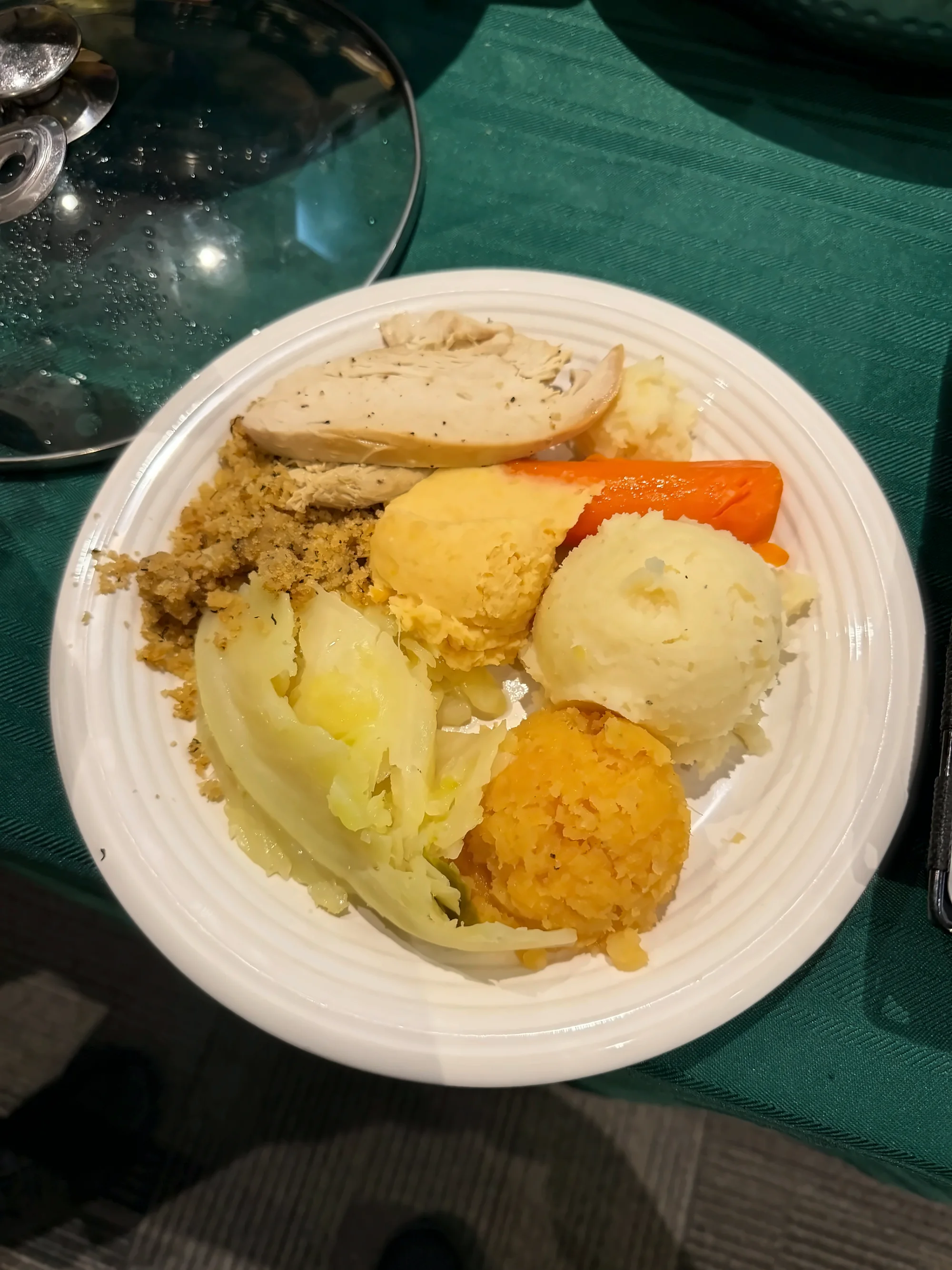 Plated Newfoundland turkey dinner with dressing, pease pudding, turnip, cabbage, carrot and mashed potato by Fireside Catering
